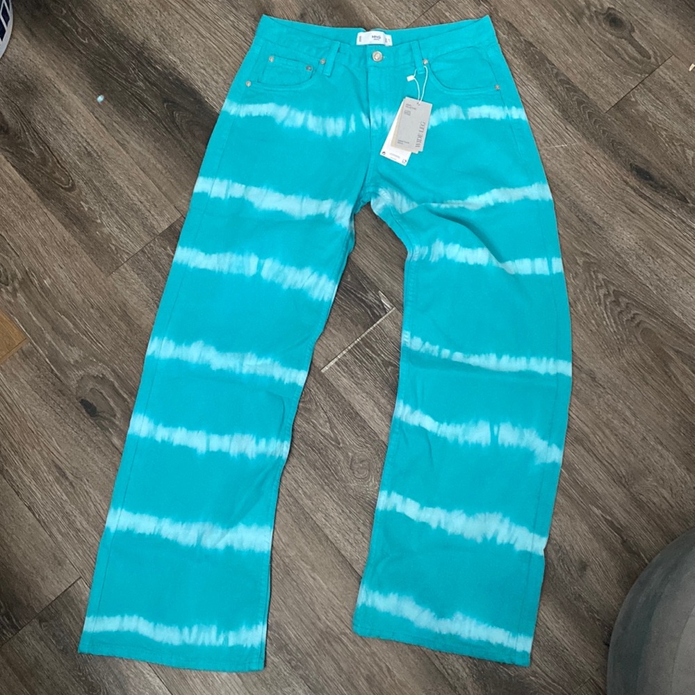 New MNG Teal & White Tie Dye Stripes Denim Wide Leg Jean Punk Trendy Festival